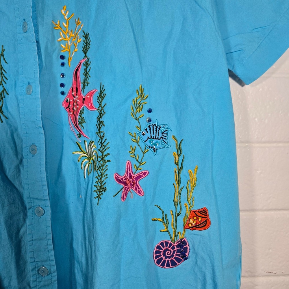 Bobbie‎ Brooks Embellished Embroidered Fish Seahorse Button Shirt Plus 18 20 - Picture 5 of 6